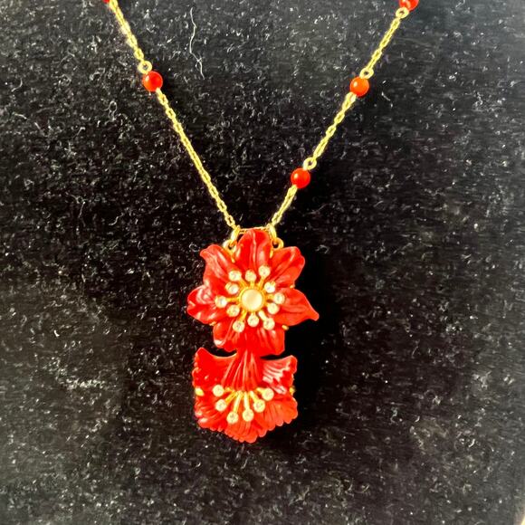 Y2K Joan Rivers Coral Enamel Pendant Necklace Gold Tone Chain Retro Rhinestone - Picture 12 of 13